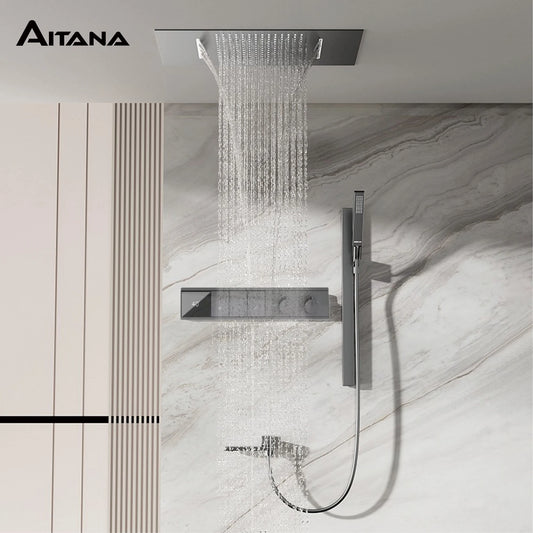 Gun gray luxury brass constant temperature digital shower system. Hot and cold water 4 function bathroom ceiling design faucet